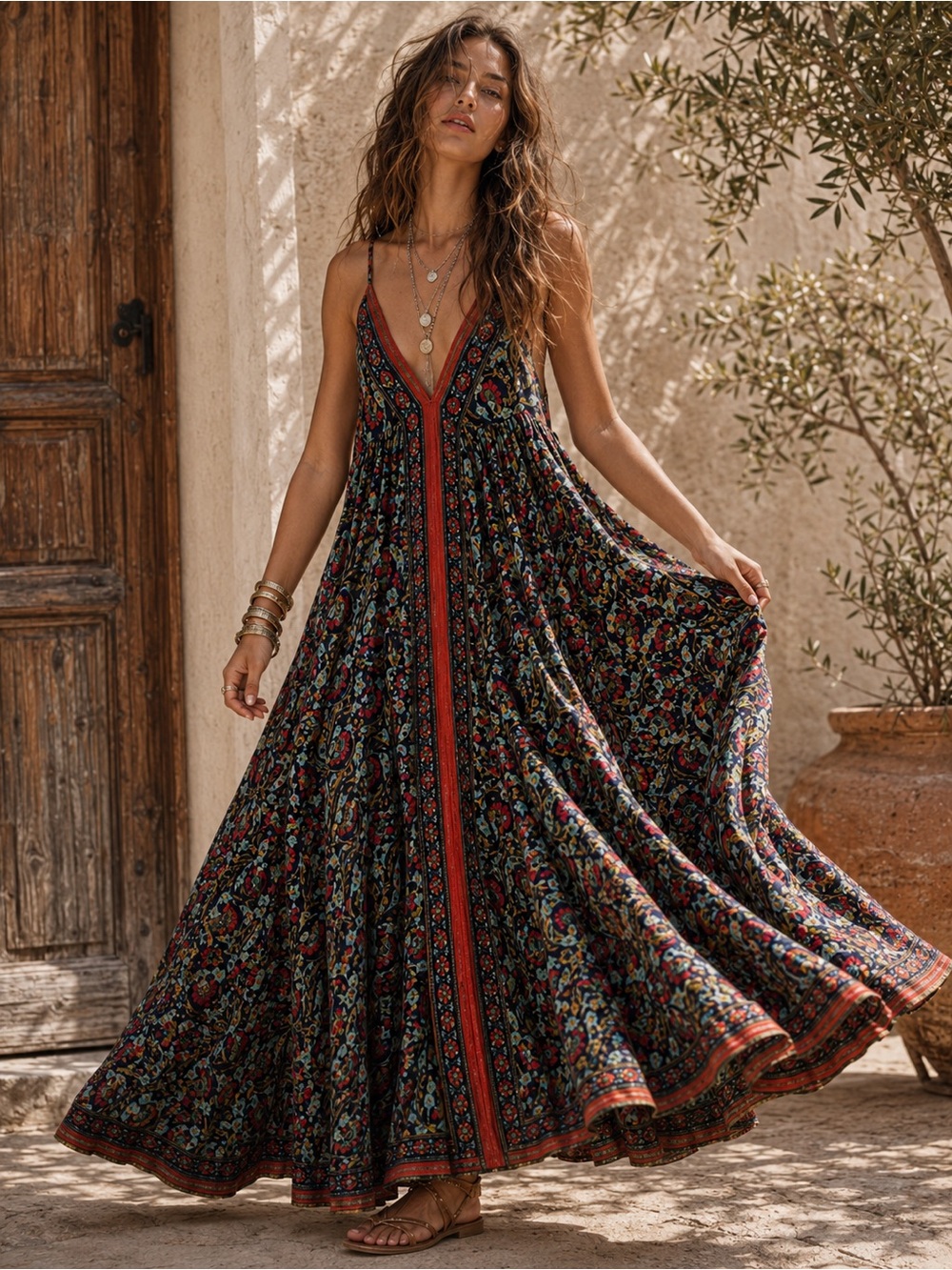 Boho V-Neck Maxi Dress in Multi Floral Print - Picture 2 of 2